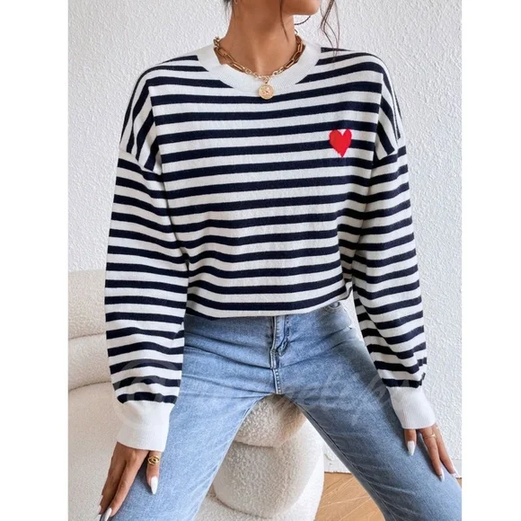 Striped Navy and White with Red Heart Pullover Knit Sweater Crewneck - Picture 2 of 9